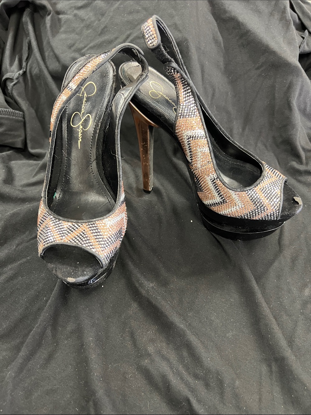 Jessica Simpson Black and Brown Geometric Peep-Toe Slingback Heels